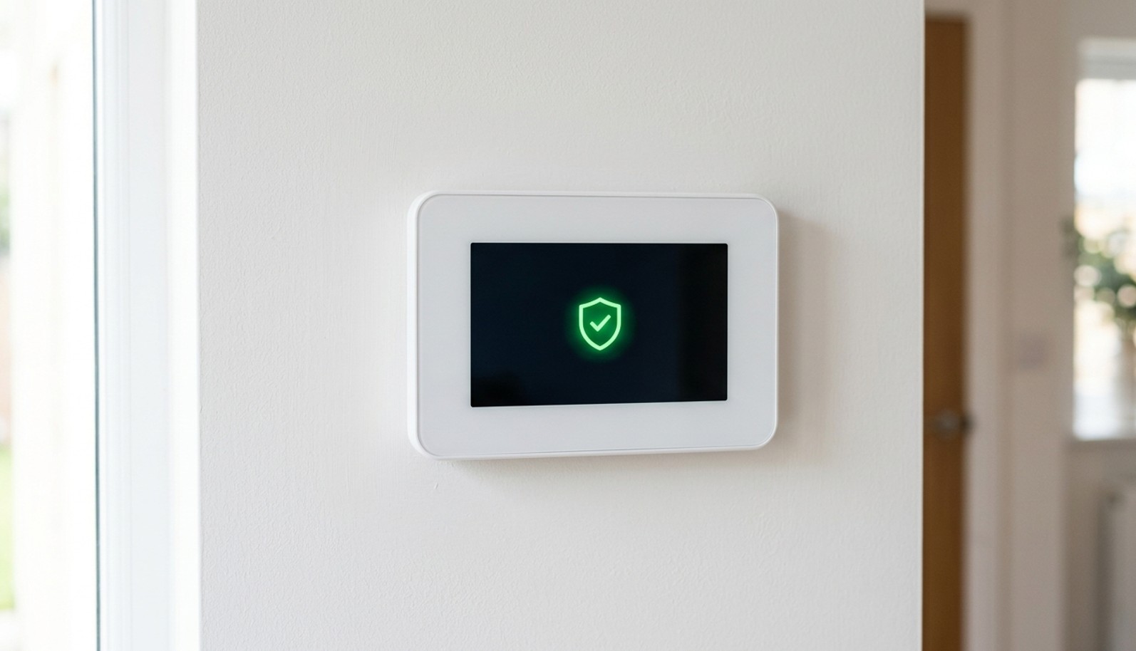 Centrale d'alarme maison sans fil moderne fixée sur un mur blanc