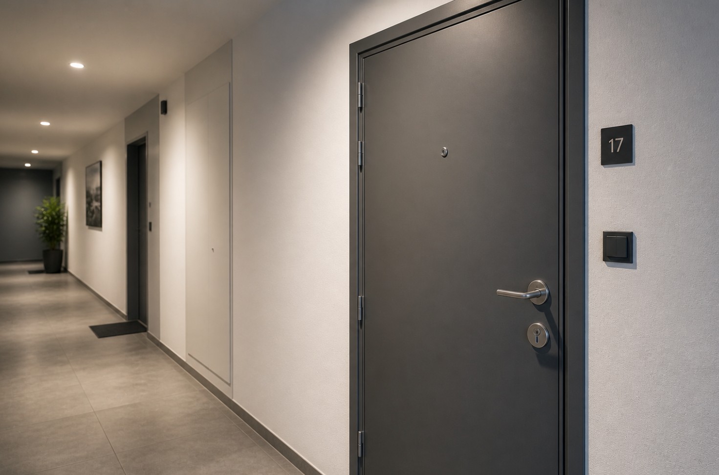 Couloir d'immeuble avec porte d'appartement sécurisée et verrou de qualité