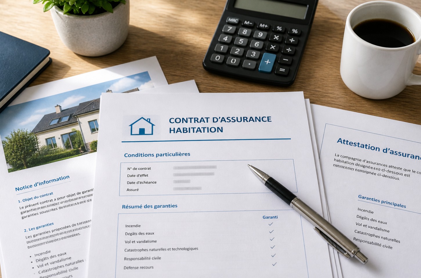 Documents d'assurance habitation étalés sur un bureau