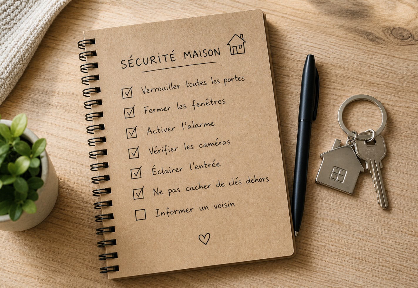 Carnet de checklist sécurité maison avec stylo et clés posés dessus
