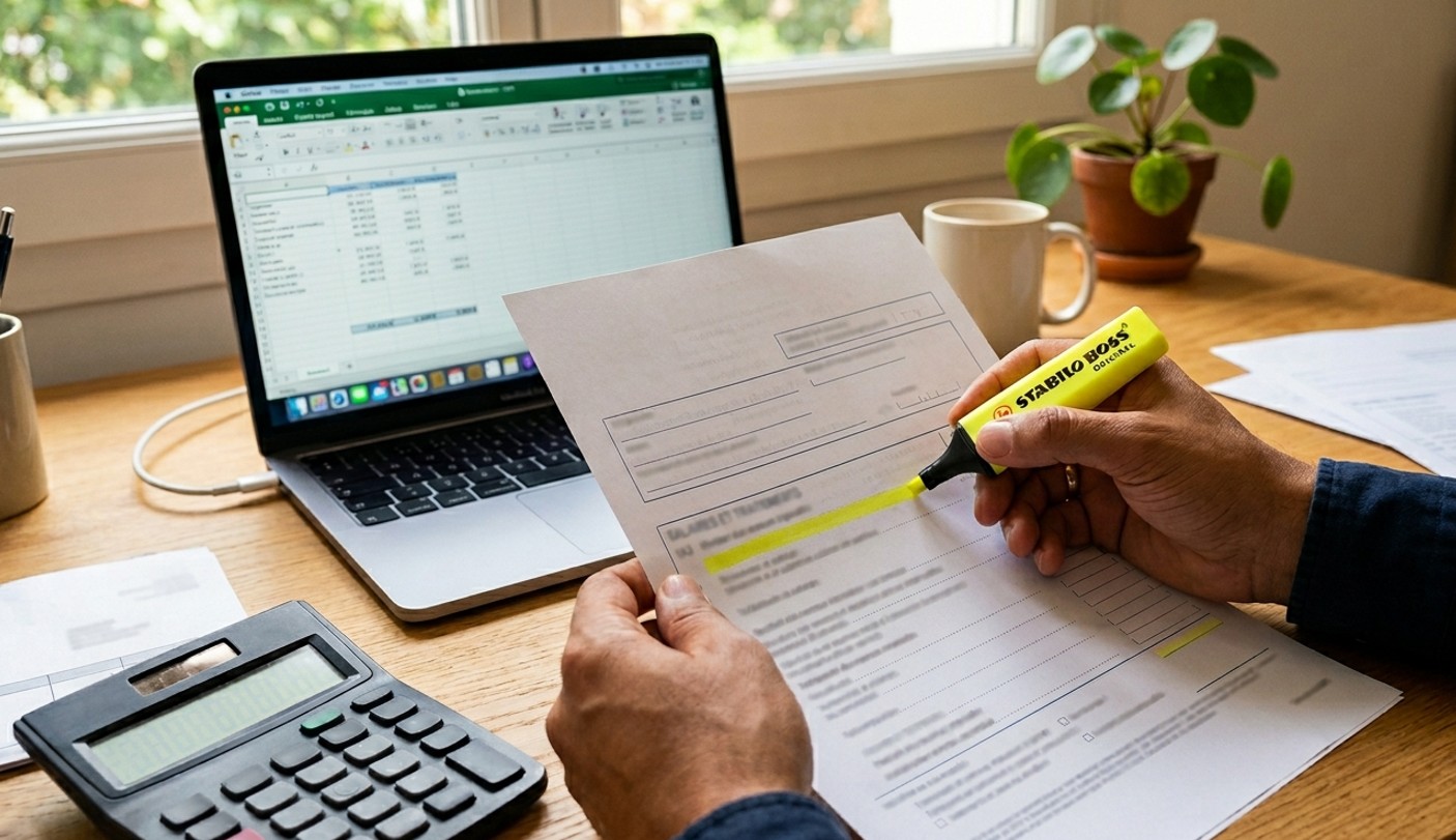 Déclaration fiscale annotée au surligneur posée près d'une calculatrice