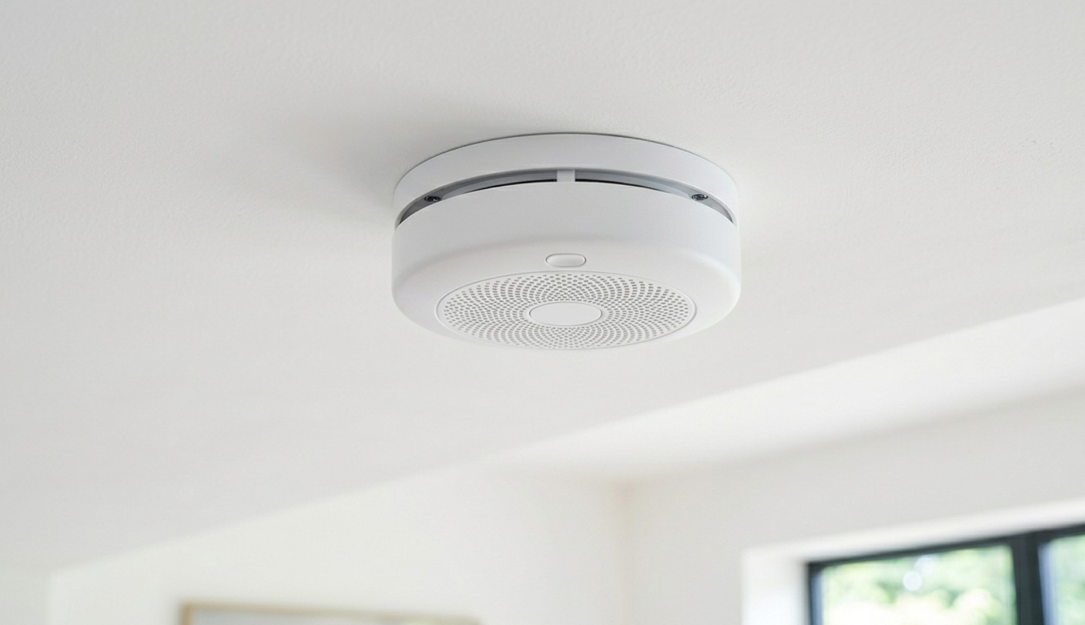 Détecteur circulaire blanc fixé au plafond