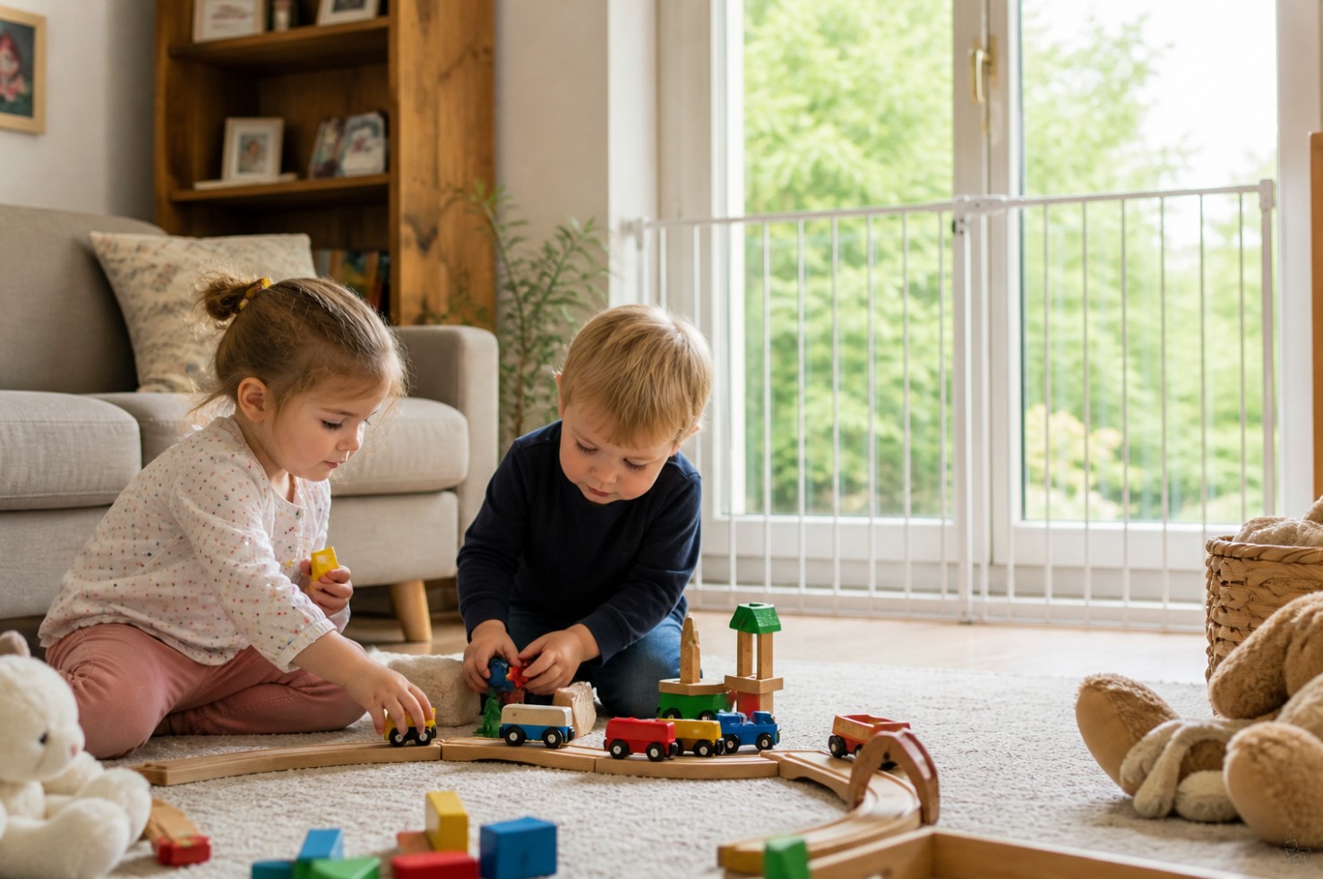 Deux jeunes enfants jouant au sol dans un salon familial sécurisé