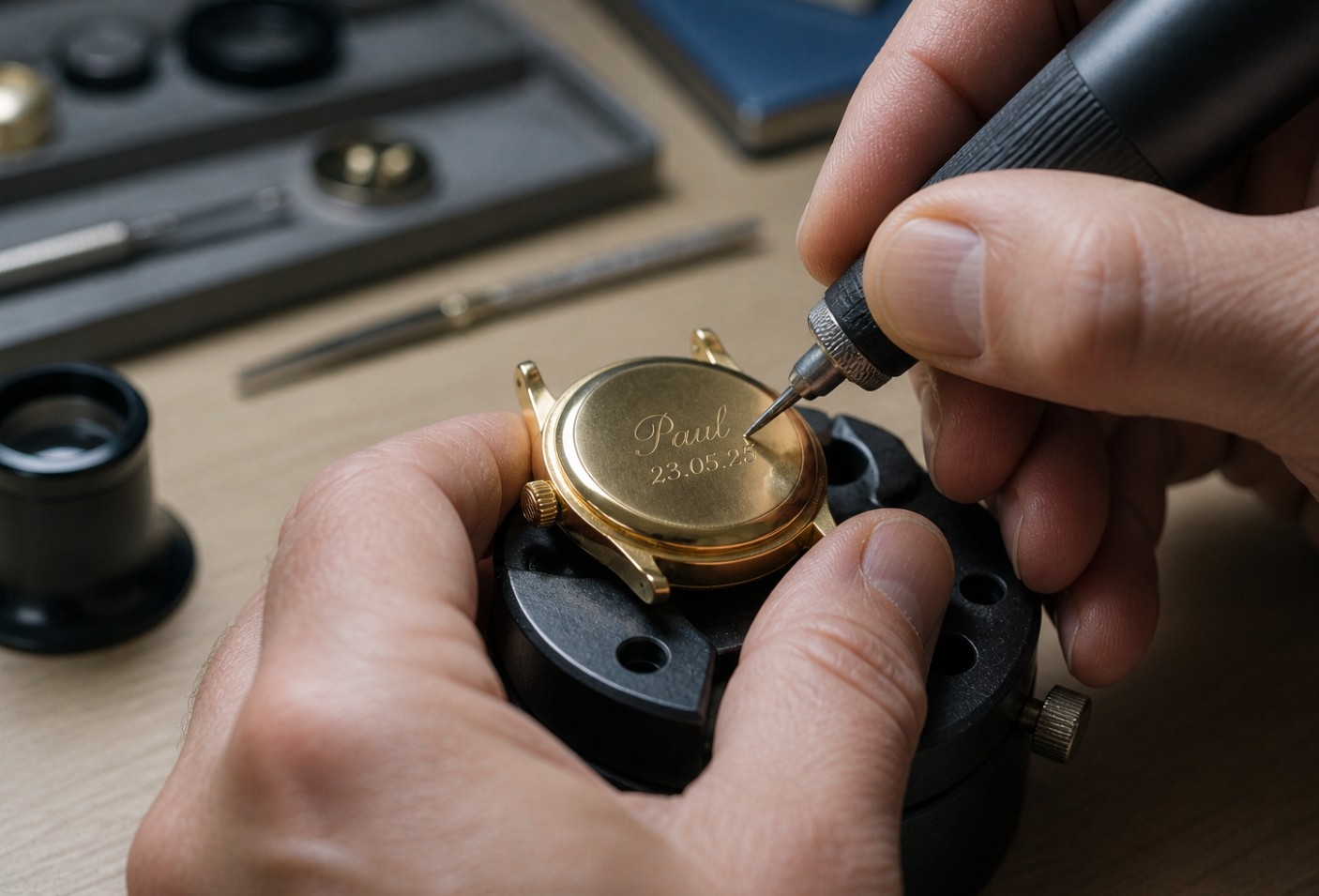 Gravure d'un numéro d'identification sur une montre avec un stylo électrique