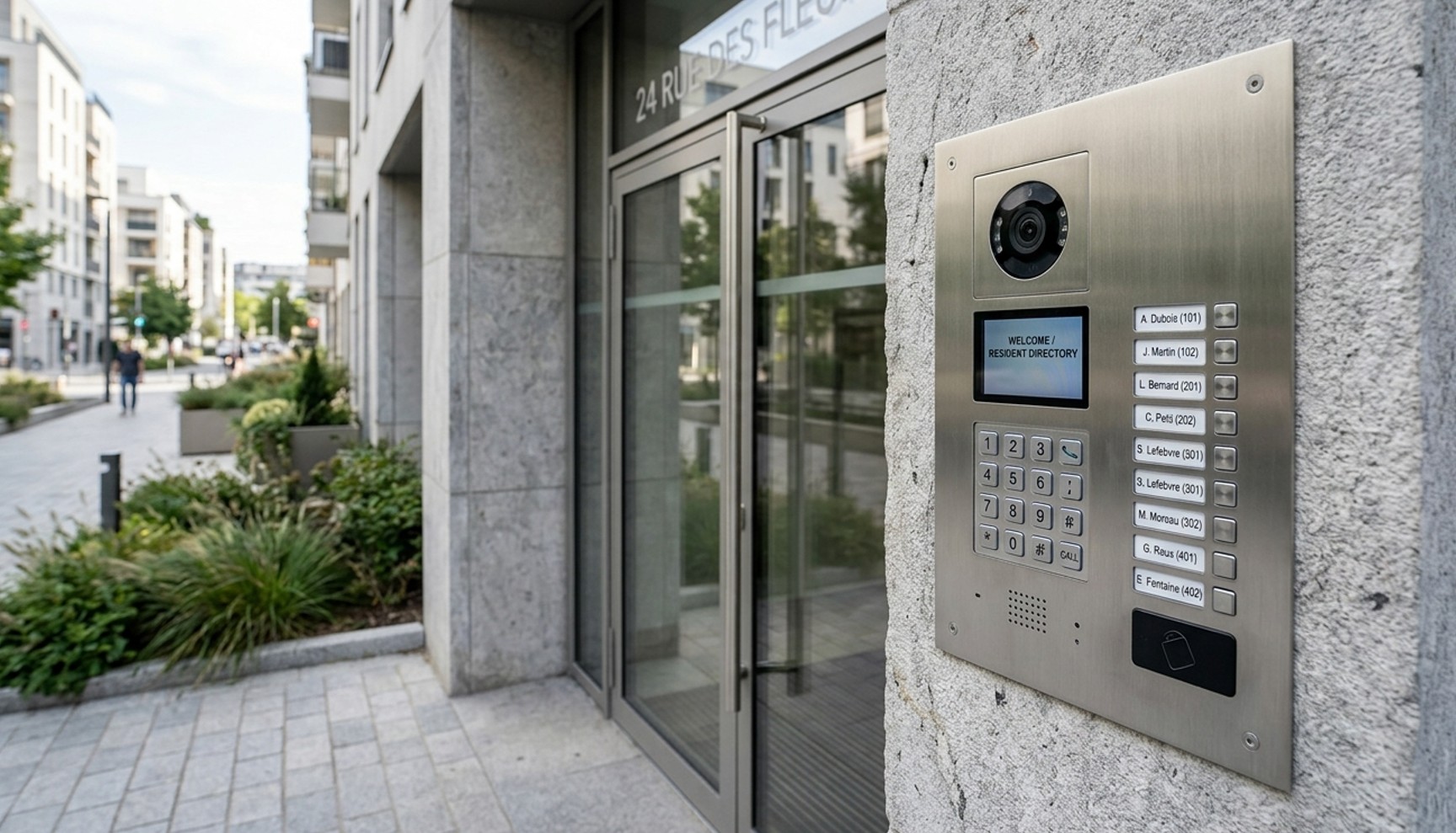 Platine d'interphone vidéo en métal brossé à l'entrée d'un immeuble
