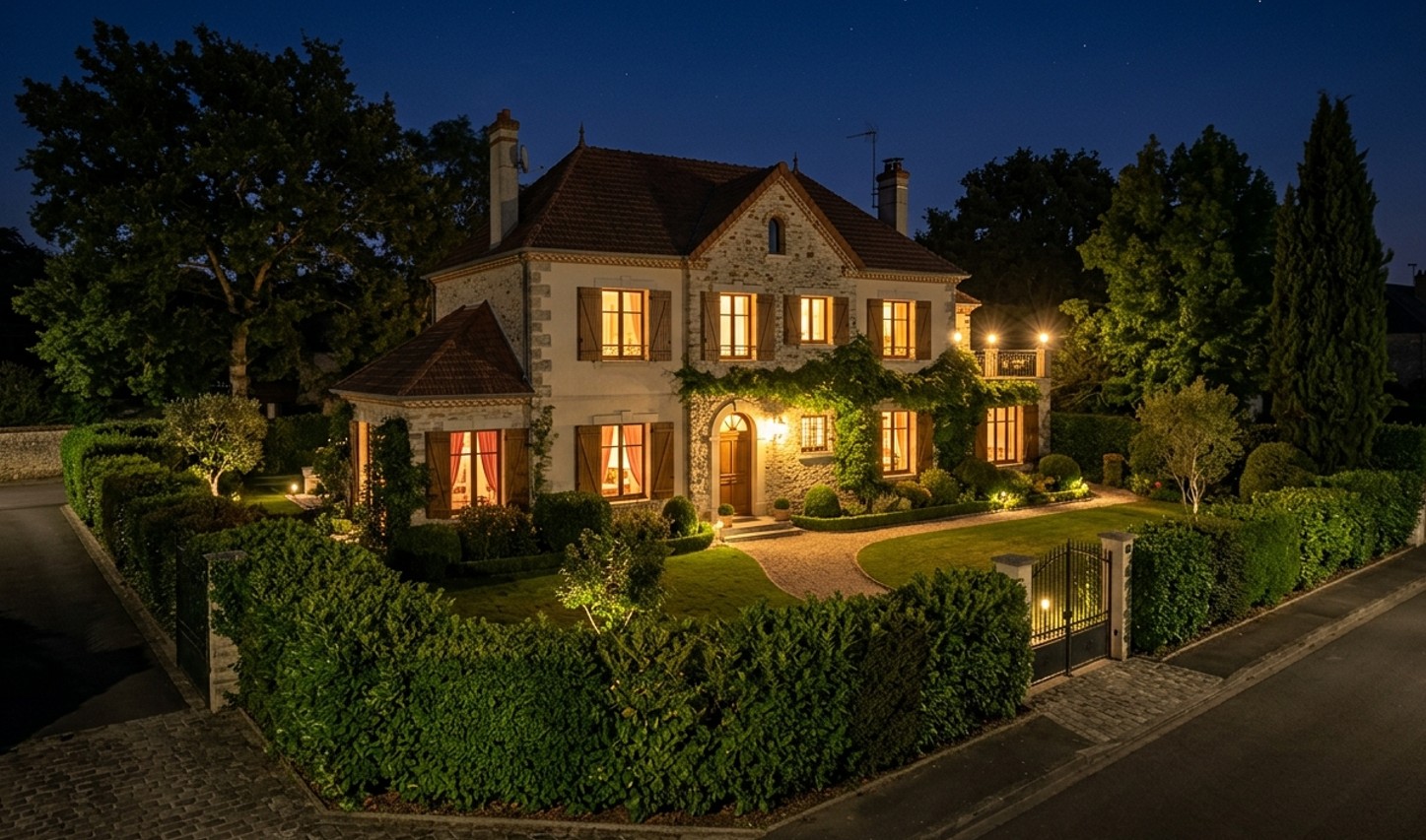 Maison pavillonnaire bien éclairée et sécurisée la nuit