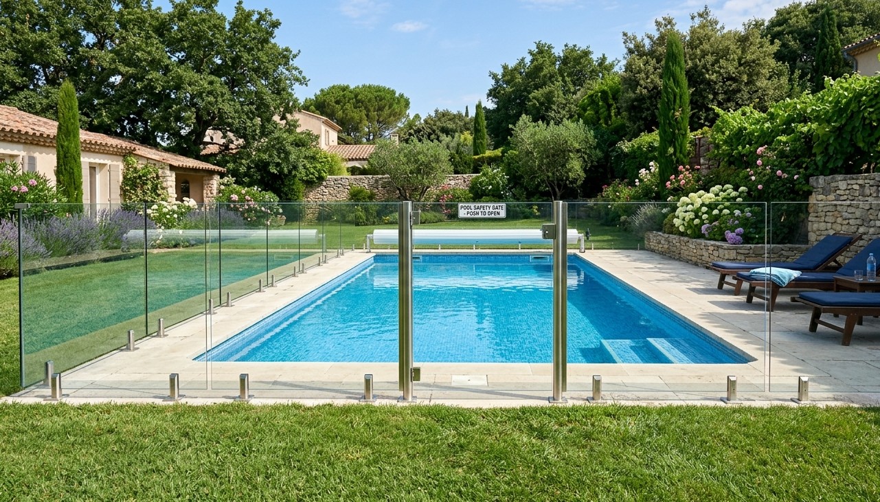 Piscine privée entourée d'une barrière de sécurité en verre trempé