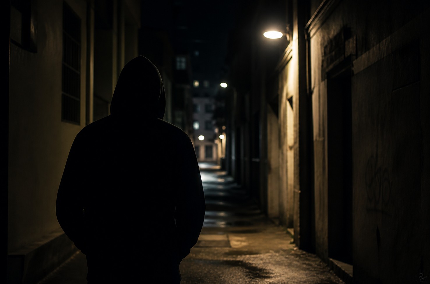 Silhouette d'un cambrioleur dans une ruelle la nuit, ambiance cinématographique