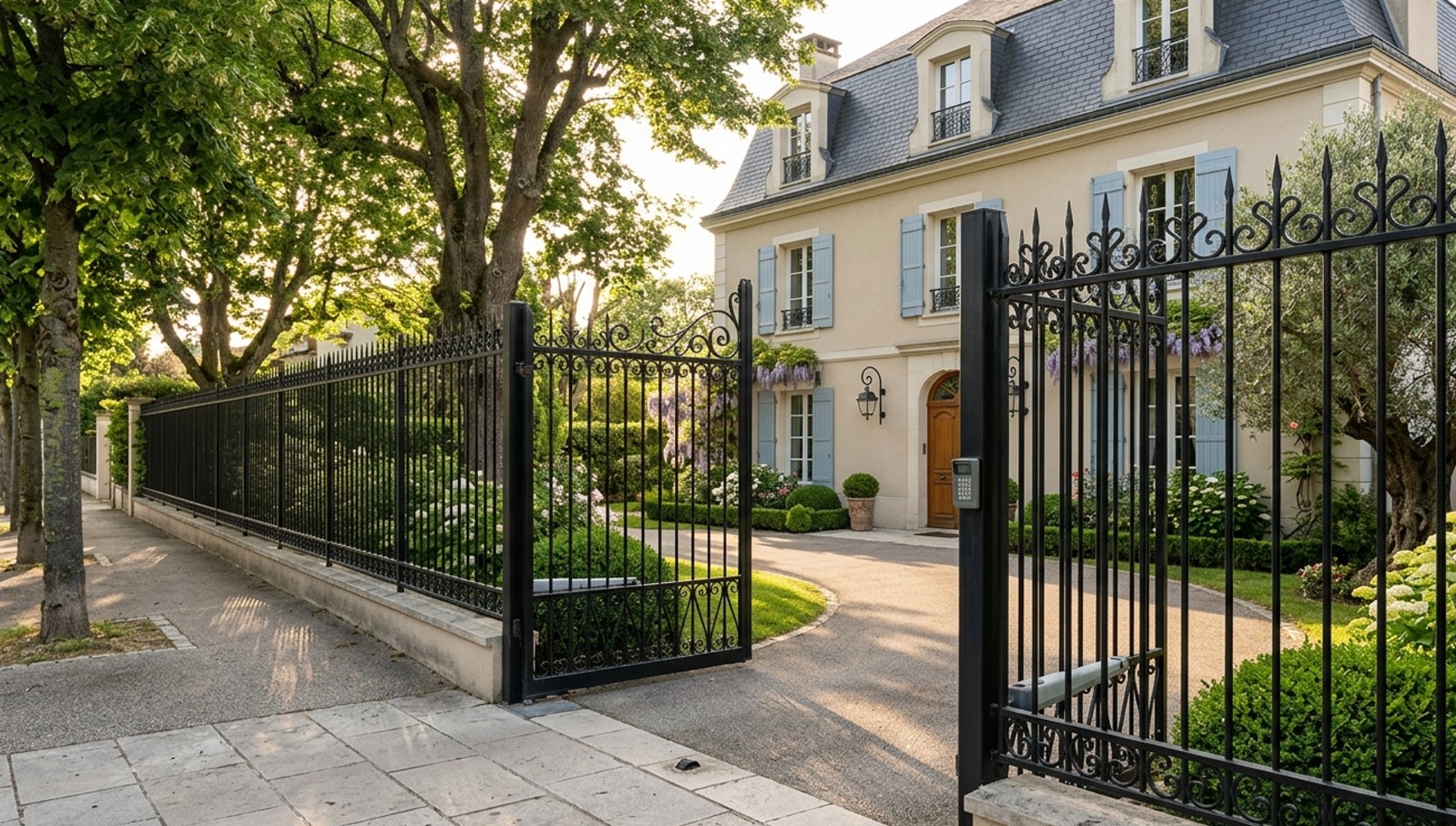 Clôture et portail délimitant le jardin d'une maison résidentielle