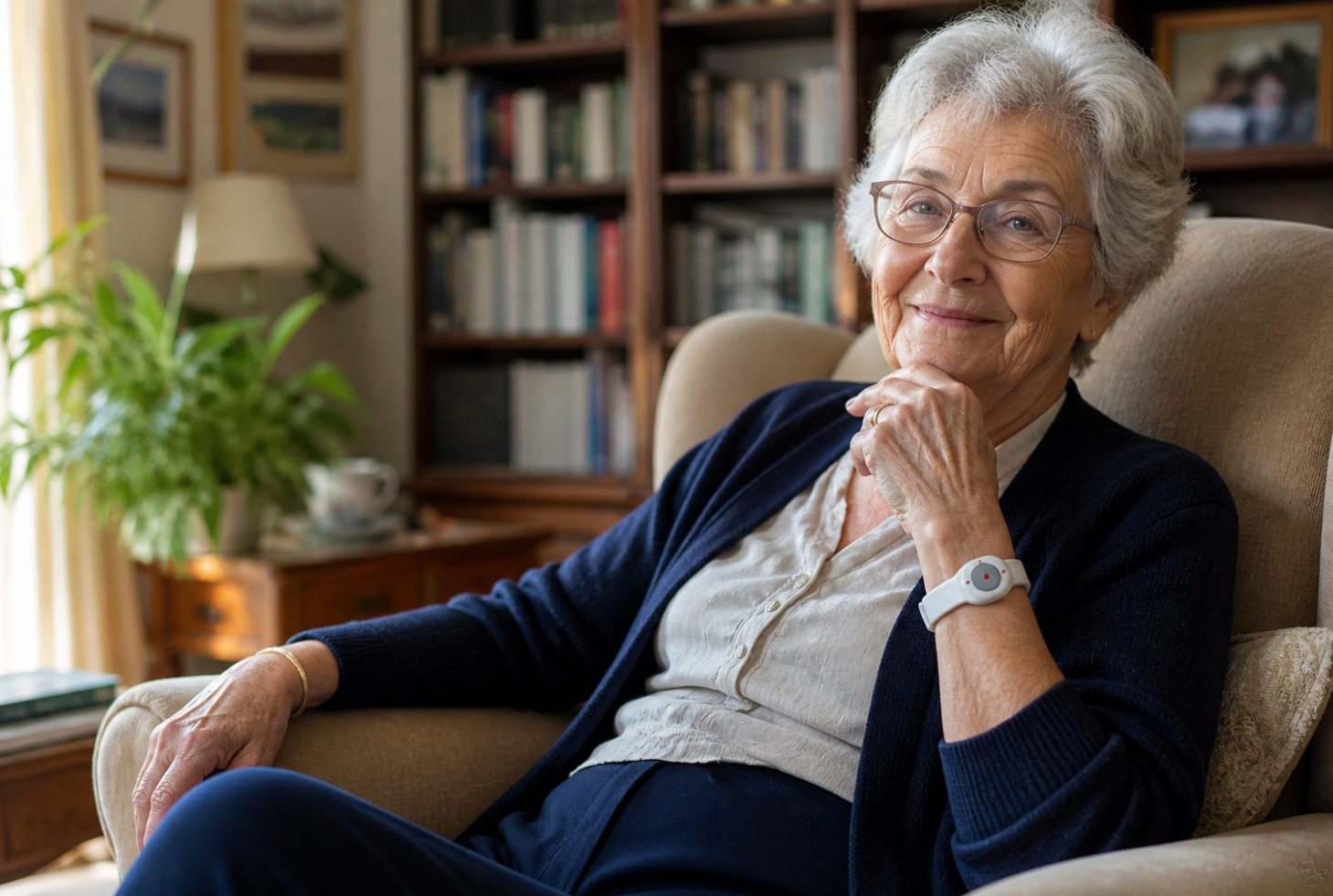 Senior à domicile portant un bracelet d'alerte, dans un fauteuil confortable