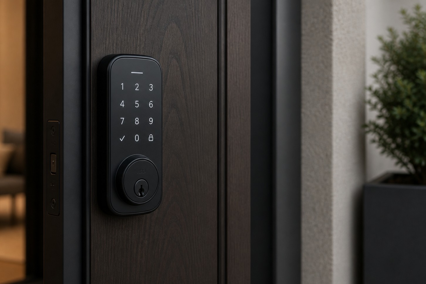 Serrure connectée noire avec clavier numérique rétroéclairé sur une porte
