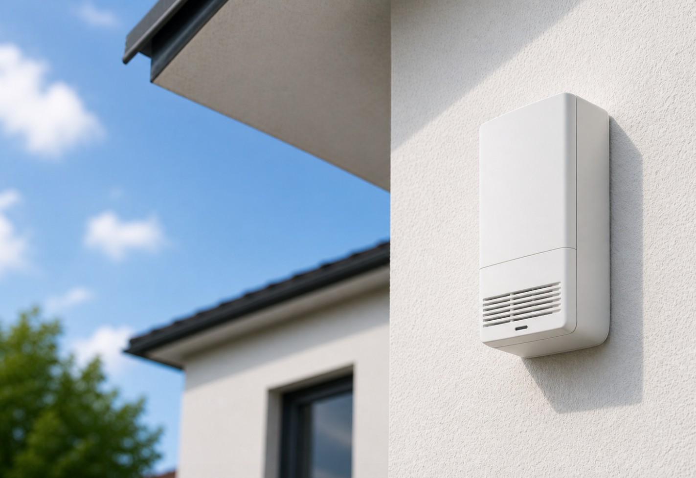 Sirène d'alarme avec flash lumineux fixée sur la façade d'une maison