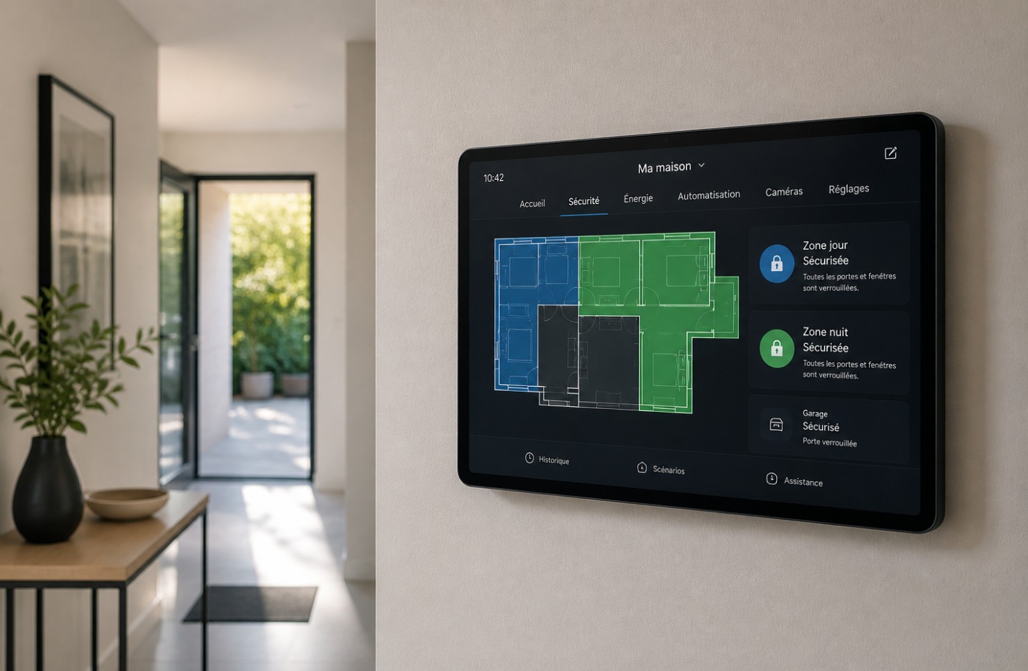 Interface domotique sur tablette murale montrant les zones sécurisées du domicile
